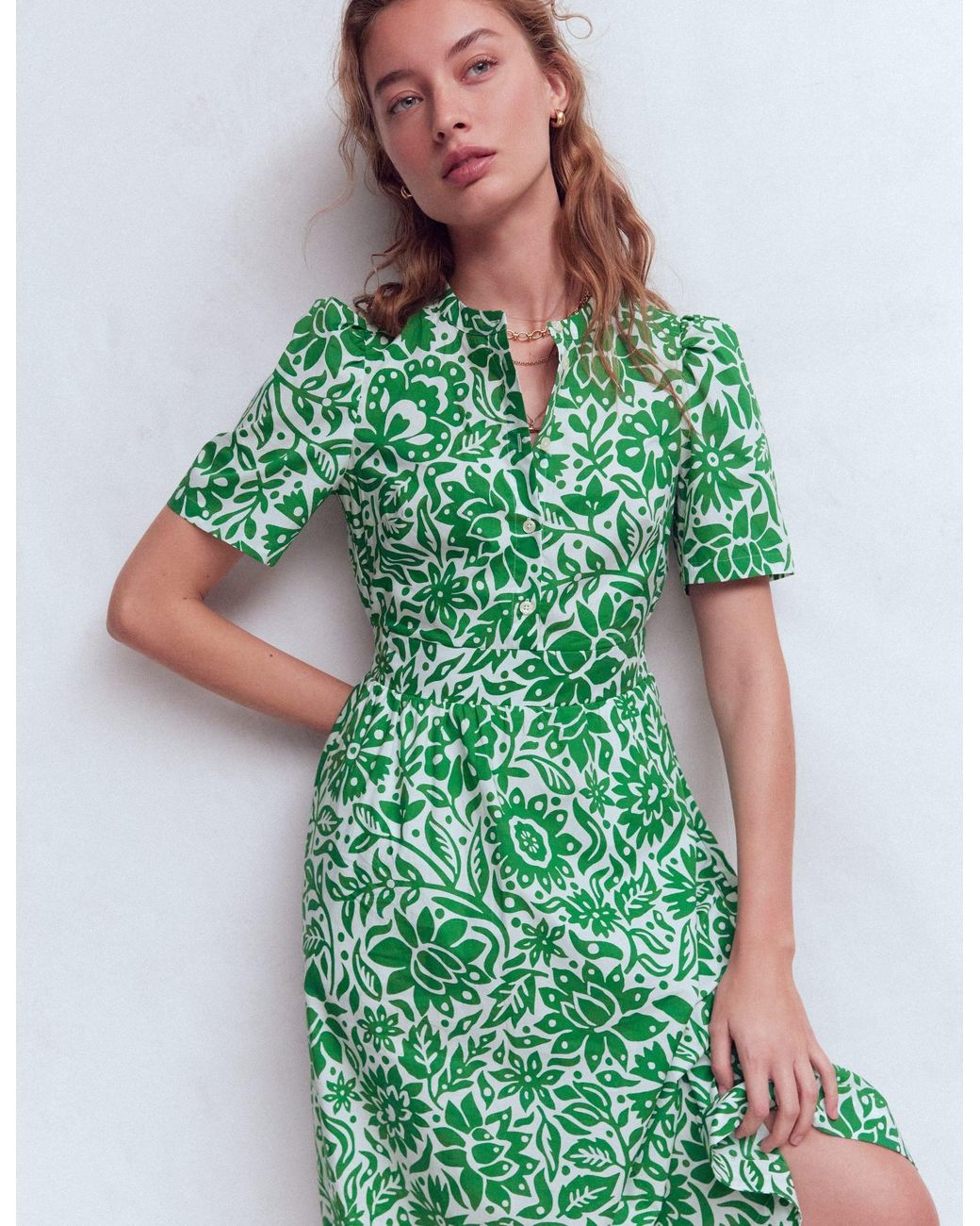 Boden Green Ivy Button Cotton Midi Dress