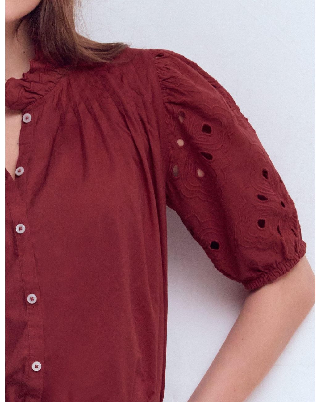 Boden Red Cutwork Puff Sleeve Top