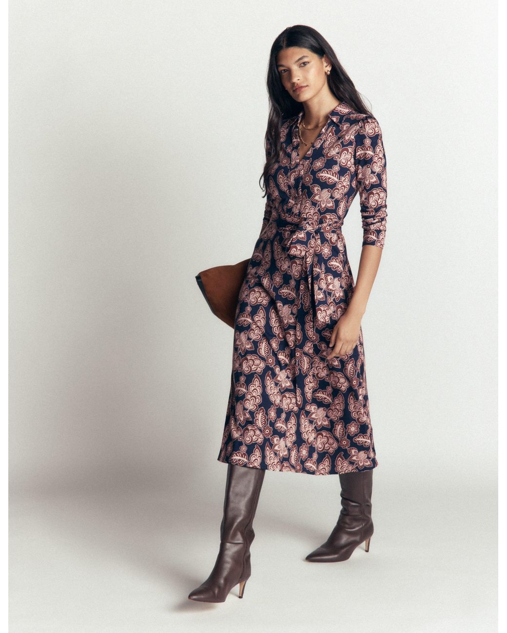 imogen collared jersey dress Boden in Blue Red Floral Print