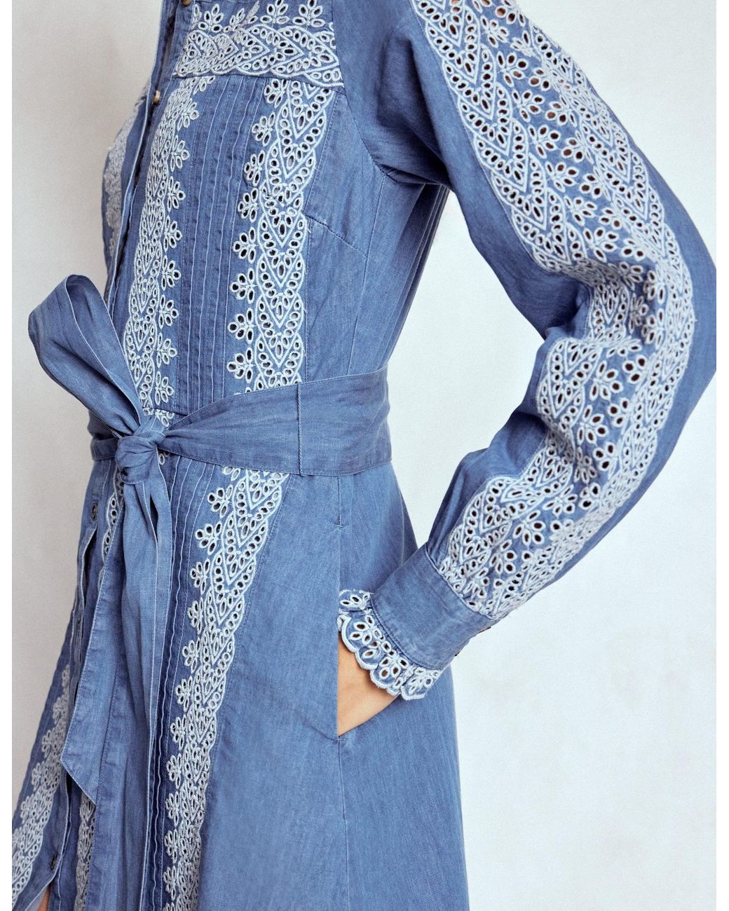 Boden Blue Ruffle Placket Chambray Dress
