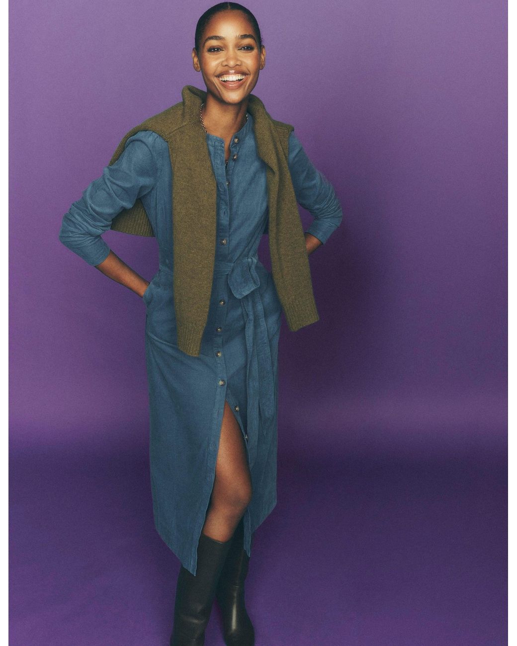 Boden Purple Louise Cord Midi Shirt Dress