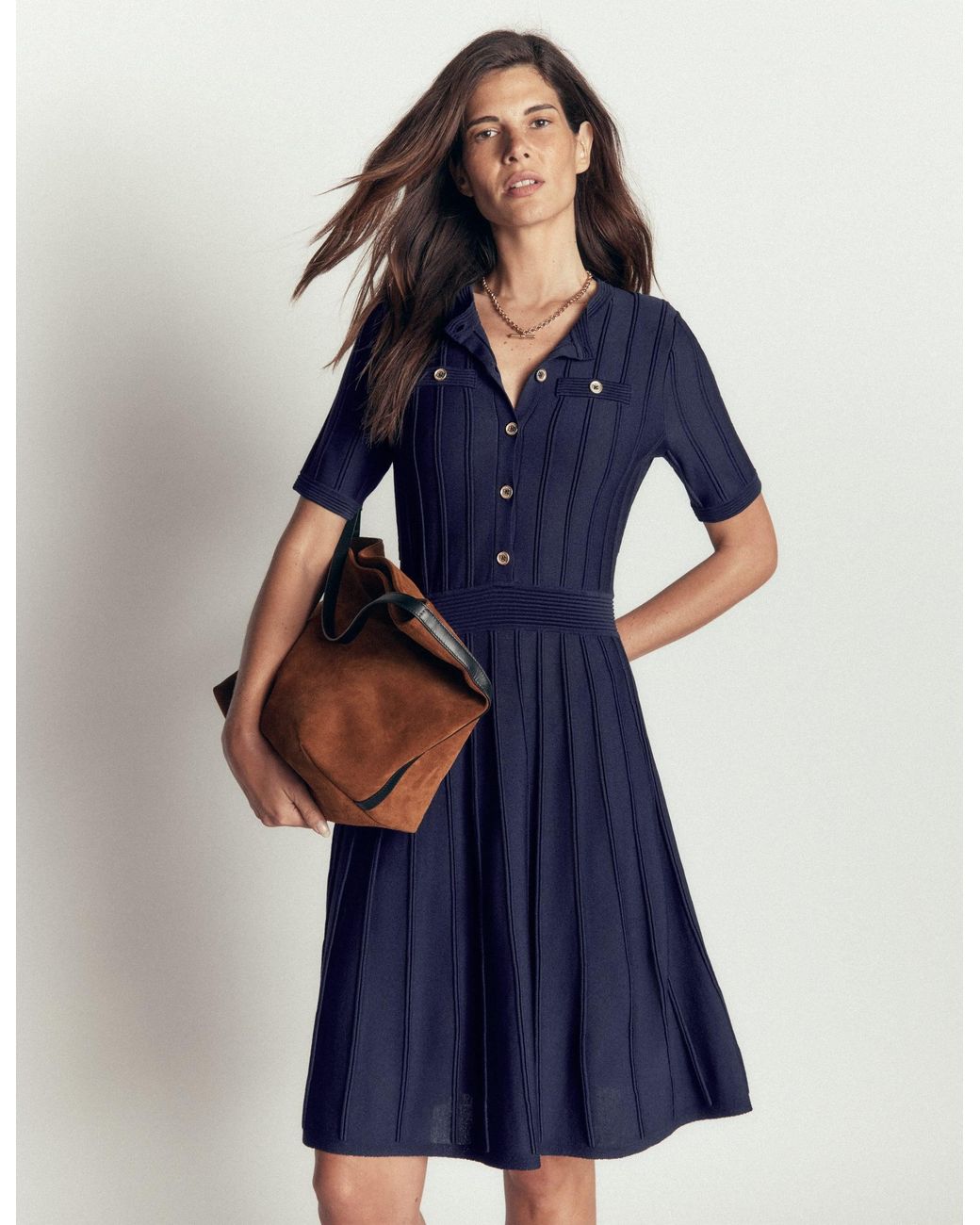 Boden Blue Button Front Stitch Dress
