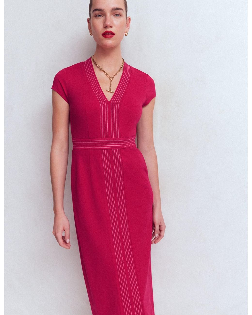 Boden Red Topstitch V-Neck Ponte Dress