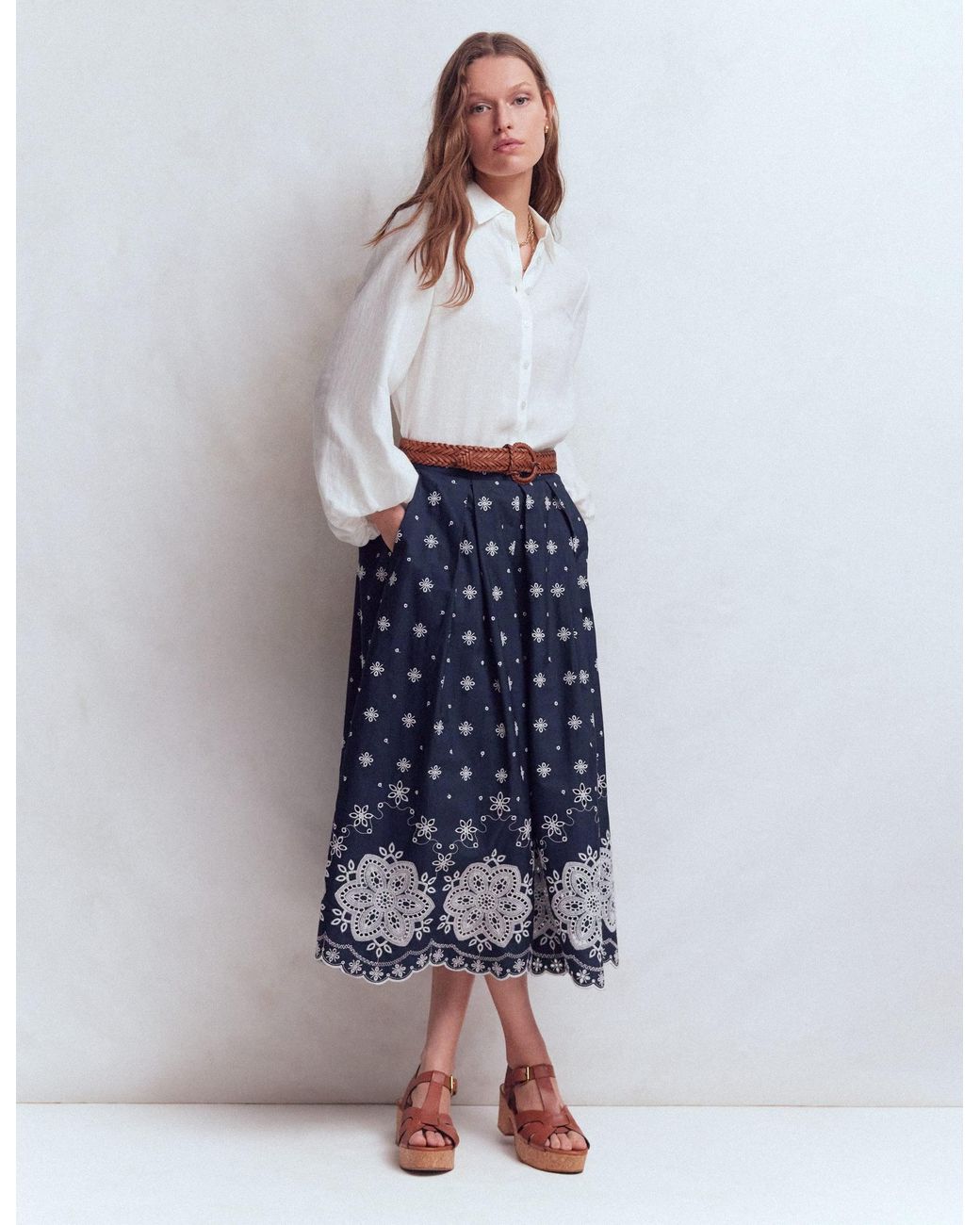 Boden Blue Verity Broderie Poplin Skirt