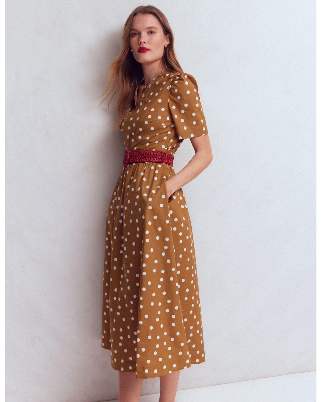 Boden Brown Ivy Button Cotton Midi Dress