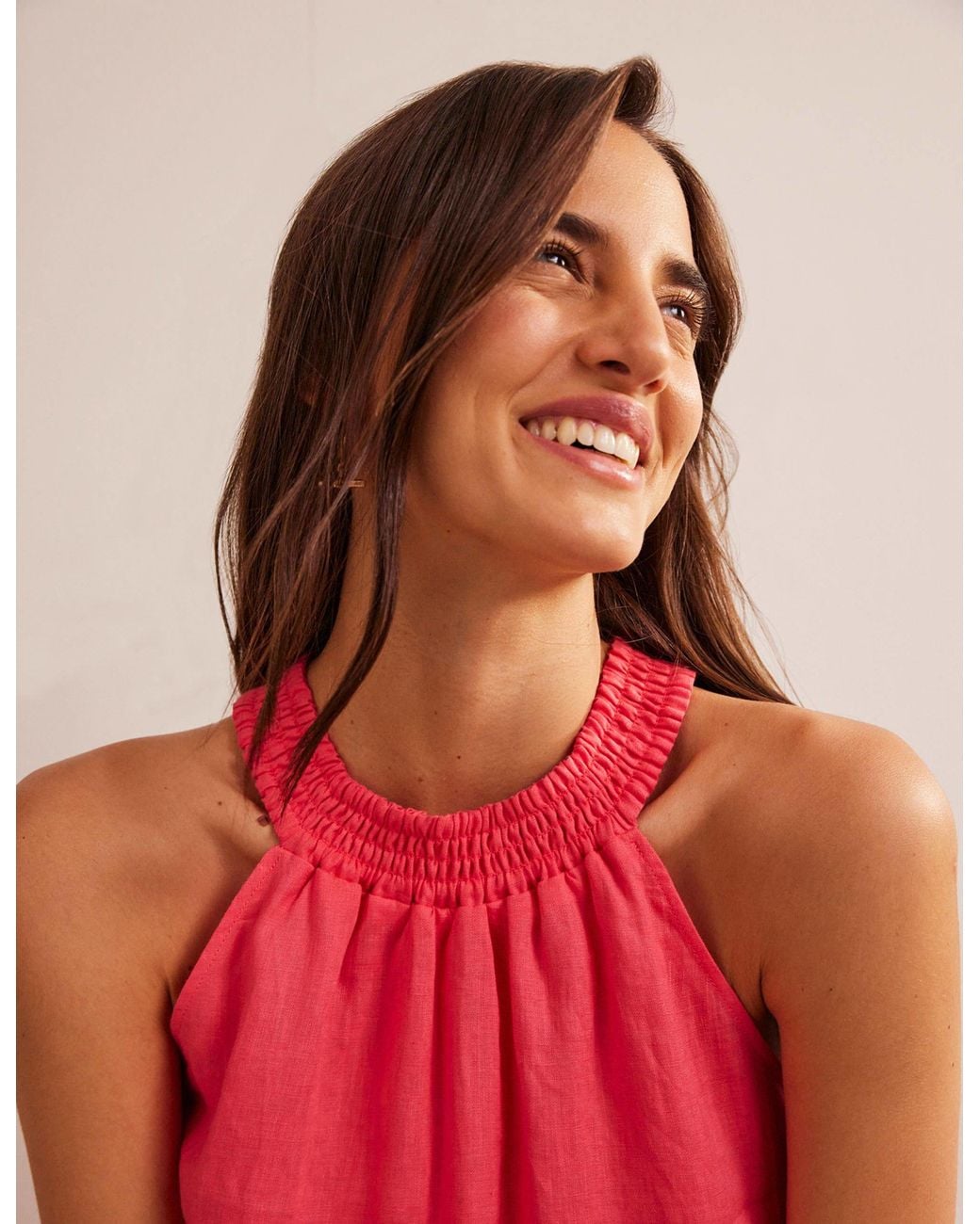 Boden Red Linen Smocked Halter Top