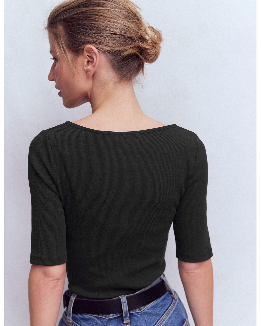 Boden Black Short Sleeve Rib Henley Top