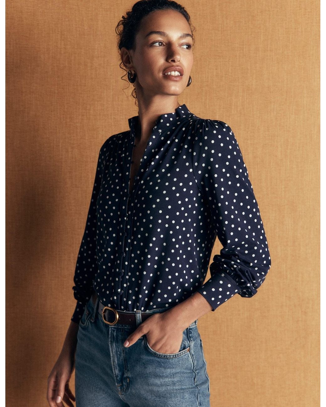 Boden Brown Isla Funnel Neck Button Blouse