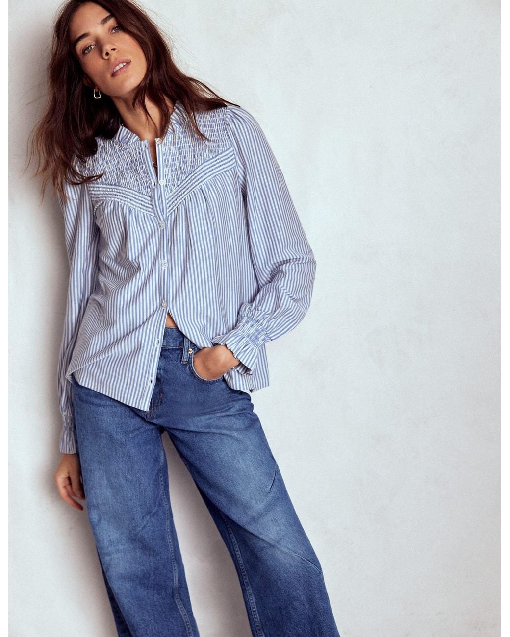 Boden Blue Smocked Yoke Jersey Shirt
