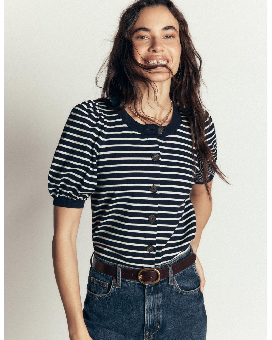 Boden Blue Button-Through Puff Sleeve Top