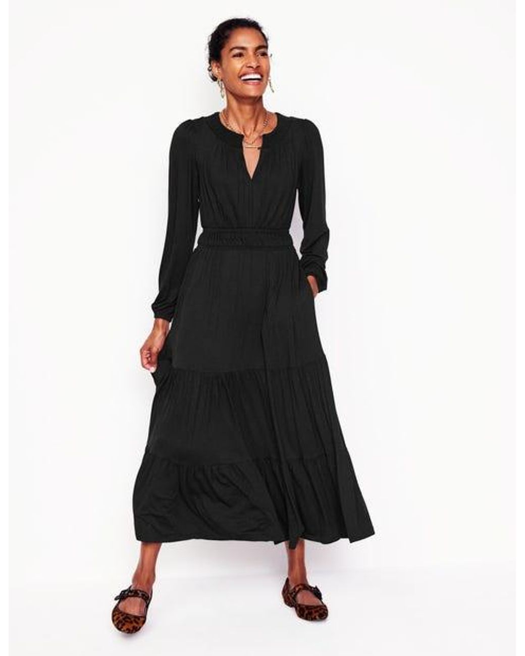Boden Smock Tiered Jersey Midi Dress in Black Lyst UK