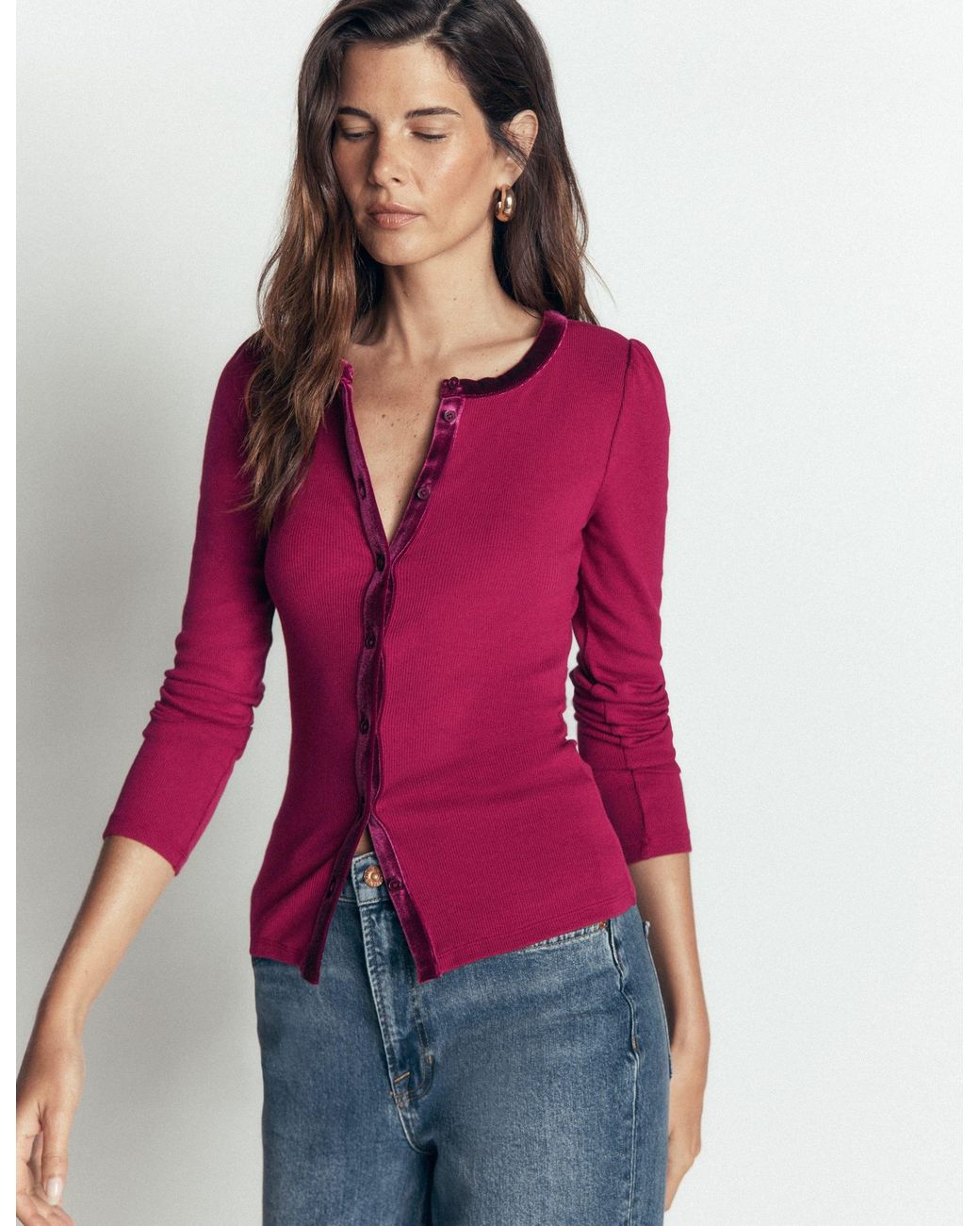 Boden Pink Velvet Trim Ribbed Cardigan