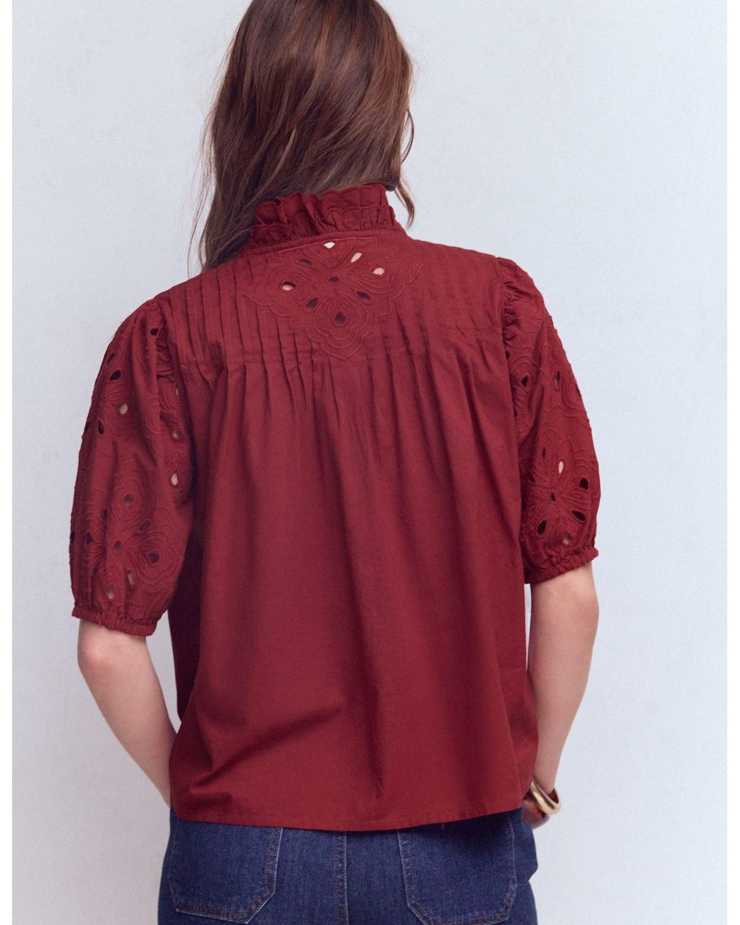 Boden Red Cutwork Puff Sleeve Top