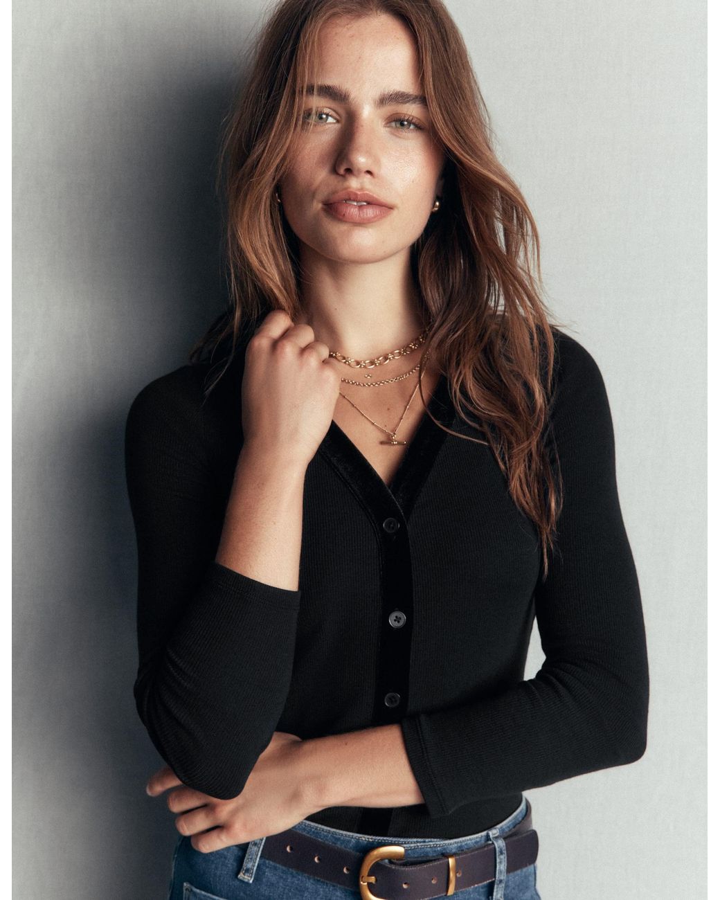 Boden Blue Velvet Trimmed V-Neck Top