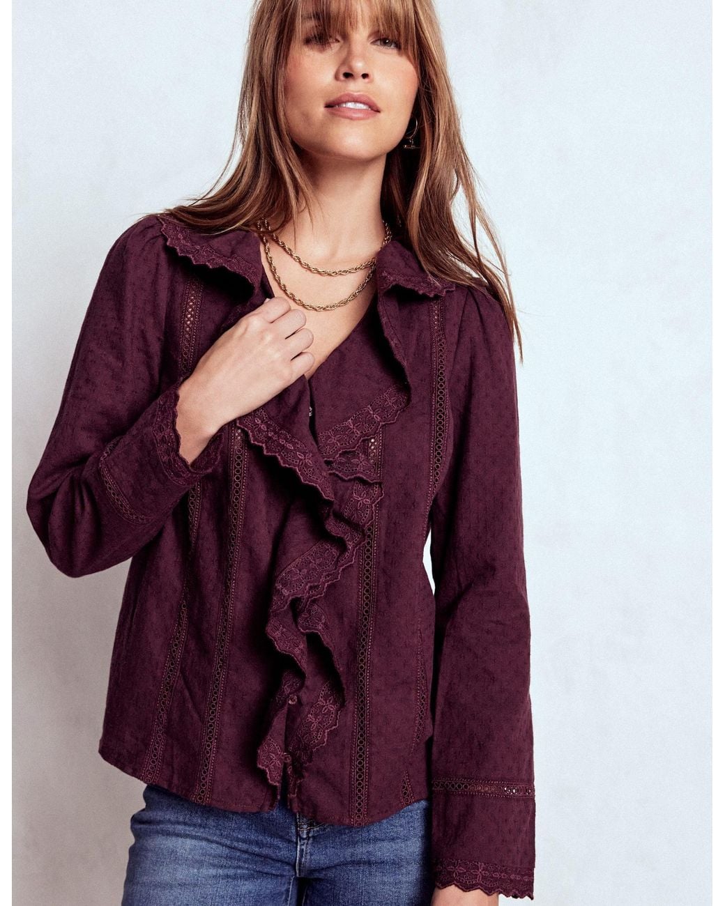 Boden Purple Ruffle Embroidered Blouse