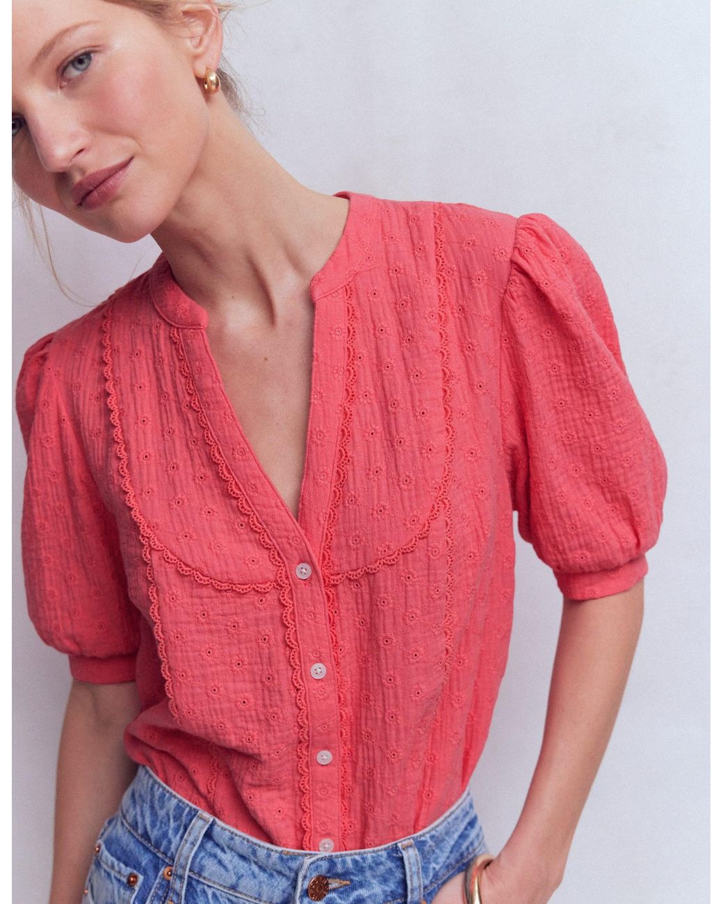 Boden Red Trim Insert Double Cloth Top