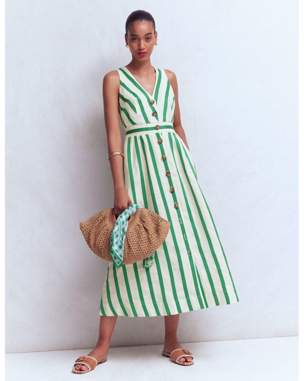 Boden Green Catherine Button Linen Dress