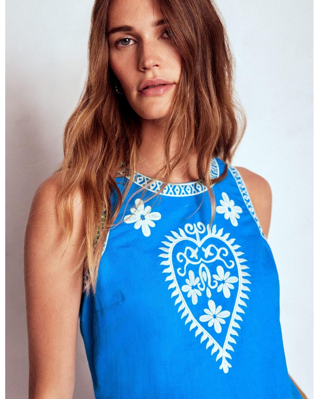 Boden Blue Embroidered Linen Shift Dress