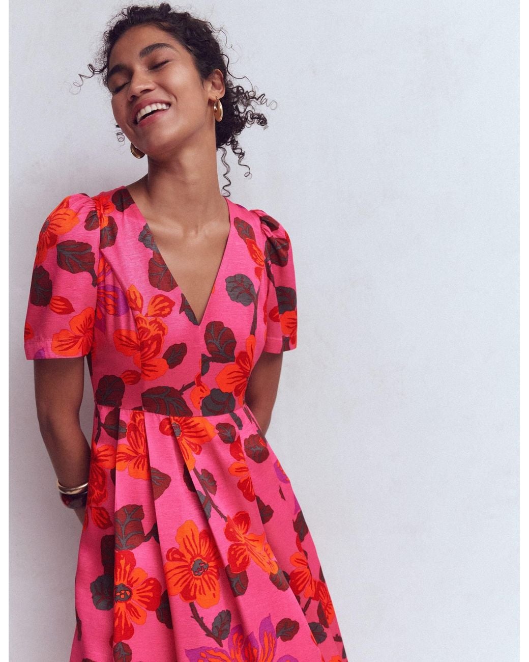 Boden Red Pleat V-Neck Dress