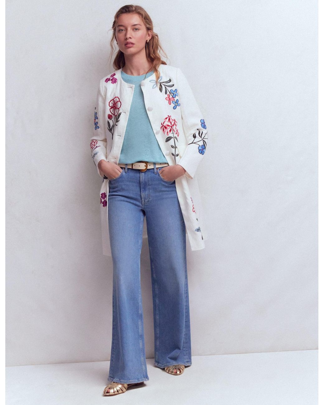 Boden White Embroidered Linen Coat