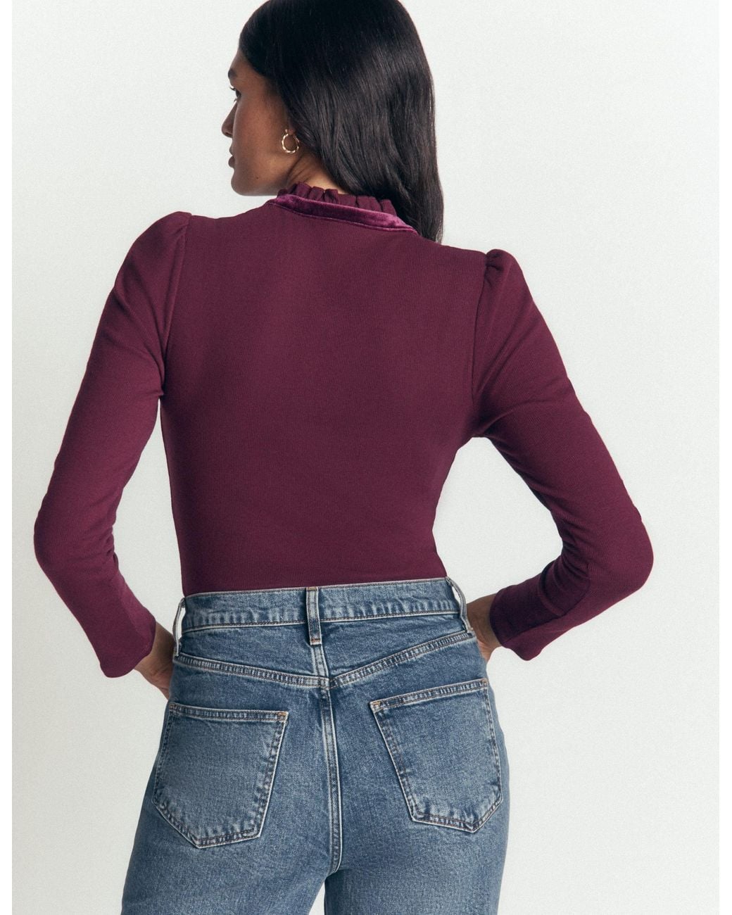 Boden Purple Velvet Ruffle Trim Henley Top