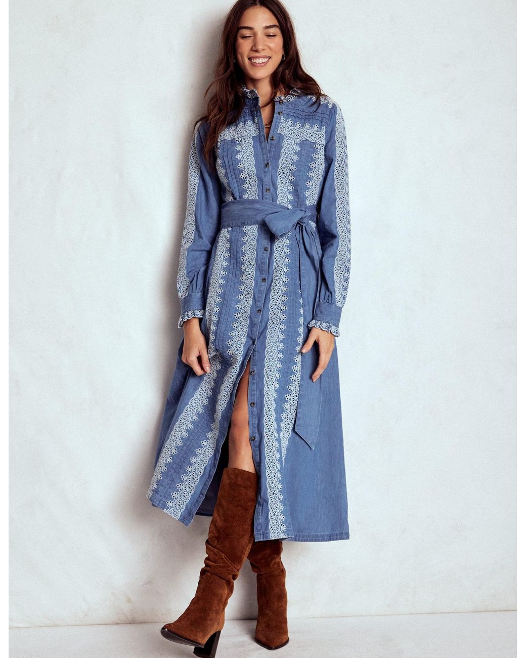 Boden Blue Ruffle Placket Chambray Dress