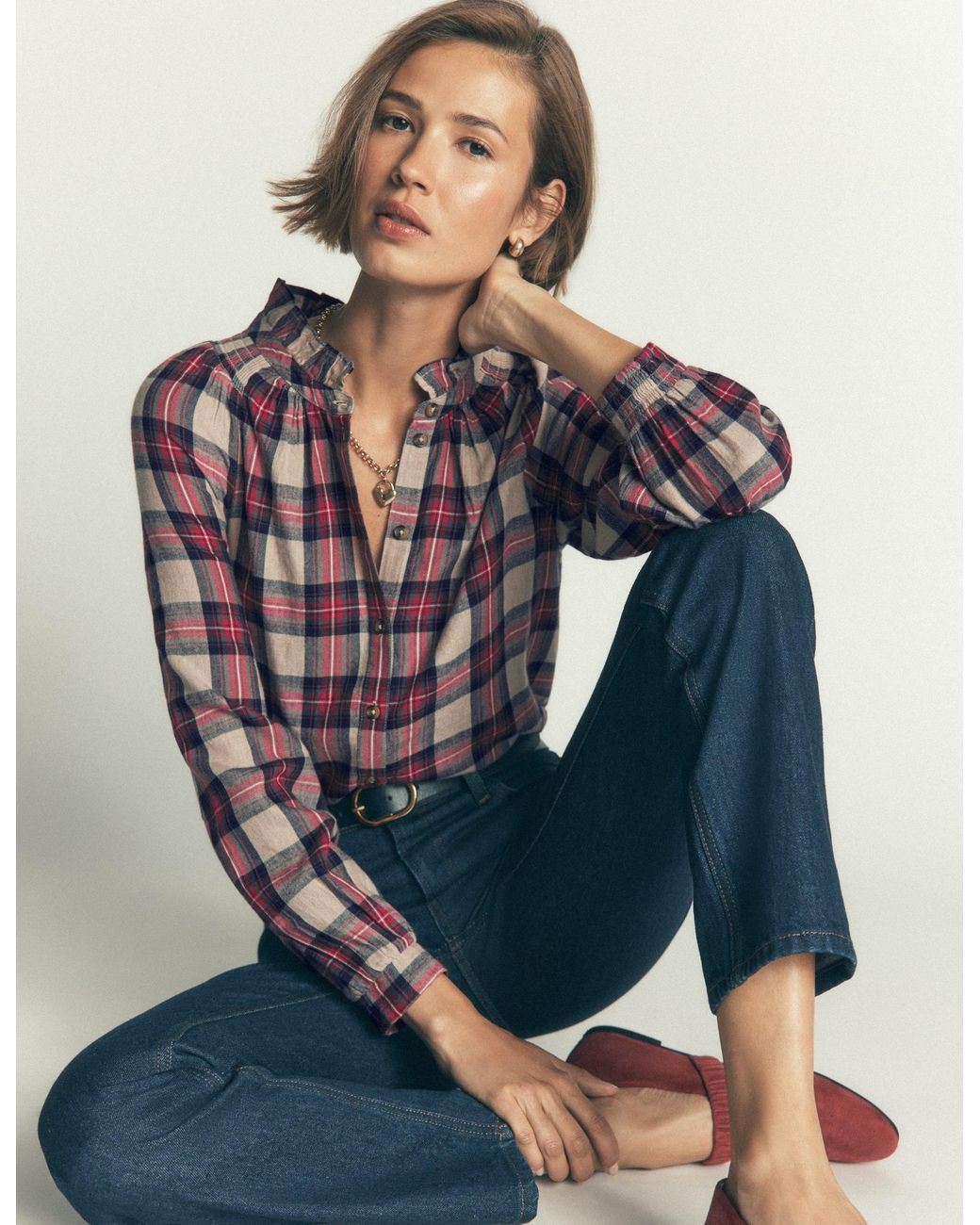 Boden Red Erica Frill Check Top