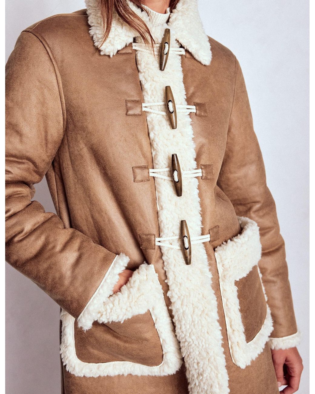 Boden Multicolor Borg Duffle Coat-Camel, Natural Borg