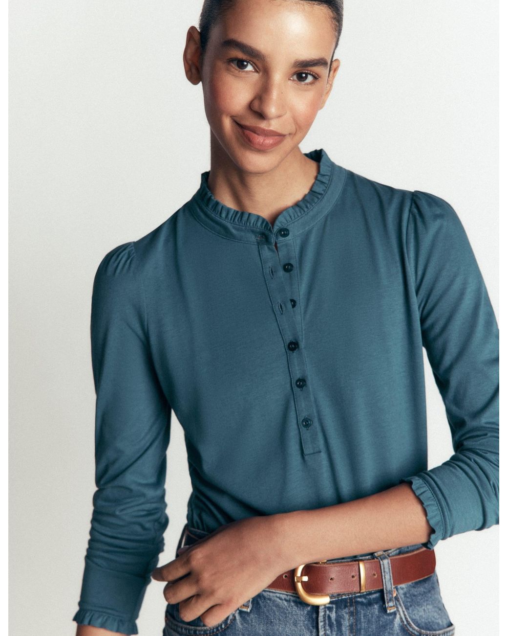 Boden Blue Supersoft Frill Henley Top