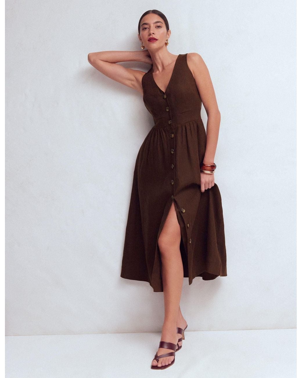 Boden Brown Catherine Button Linen Dress