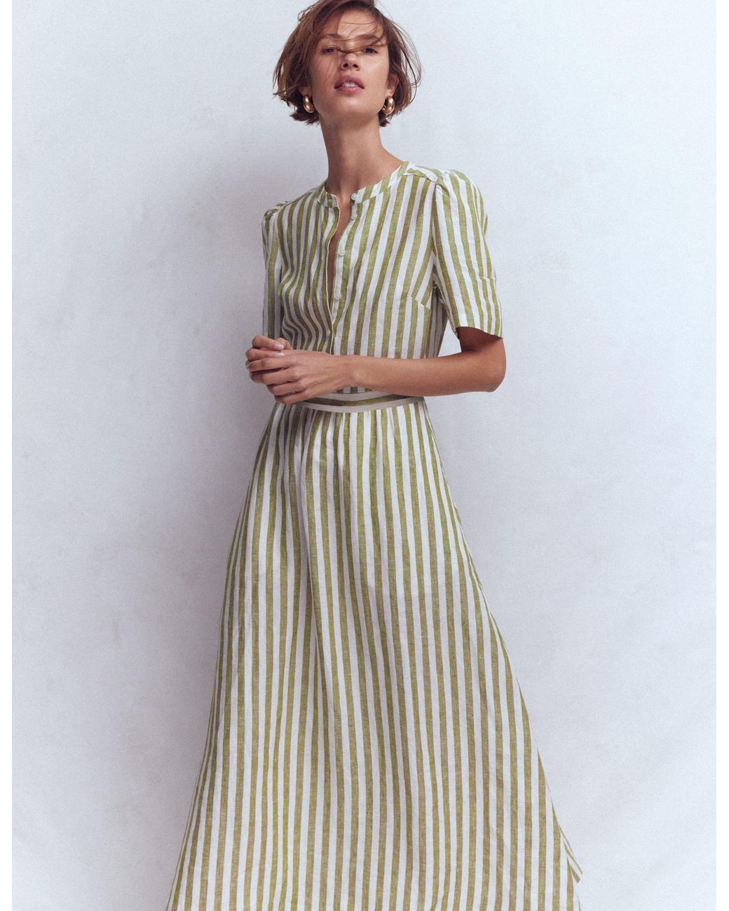 Boden Brown Ivy Linen Midi Dress- Ivory Stripe
