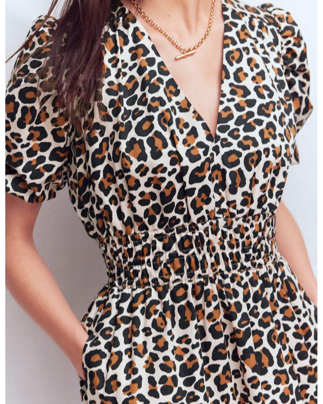 Boden Multicolor Irene Puff Sleeve Dress-Almond Milk, Cheetah Pop
