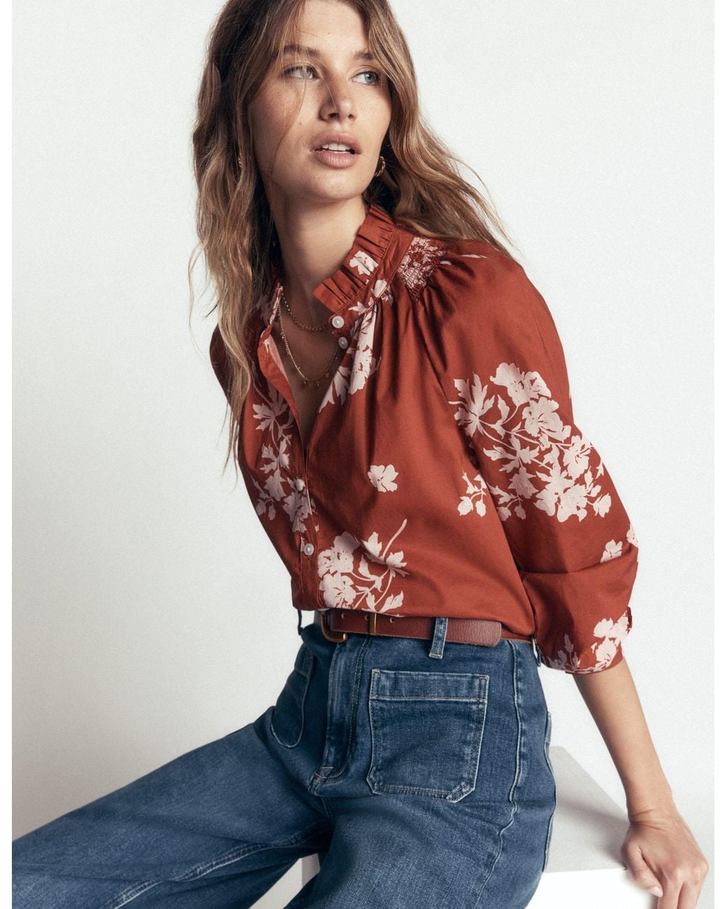 Boden Red Erica Cotton Frill Top