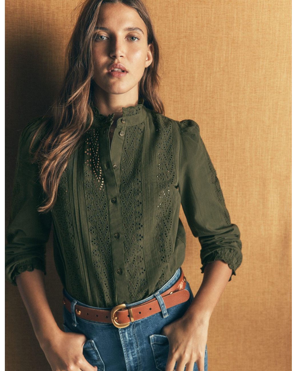 Boden Green Broderie Cotton Top
