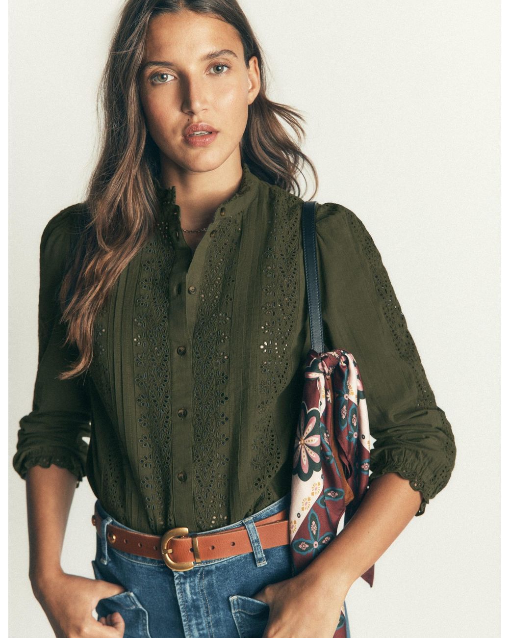 Boden Green Broderie Cotton Top