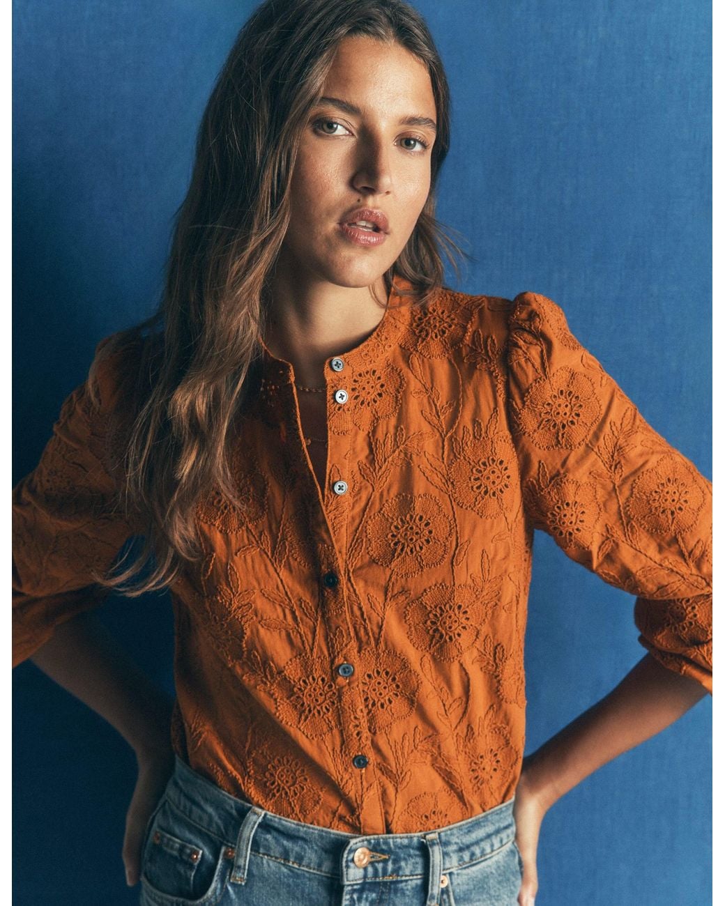 Boden Blue Broderie Cotton Top