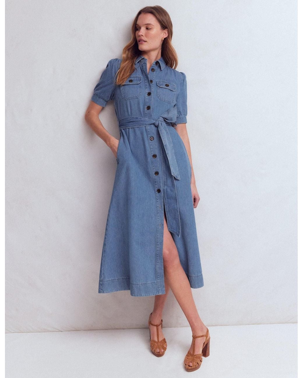 Boden Blue Puff Sleeve Denim Shirt Dress