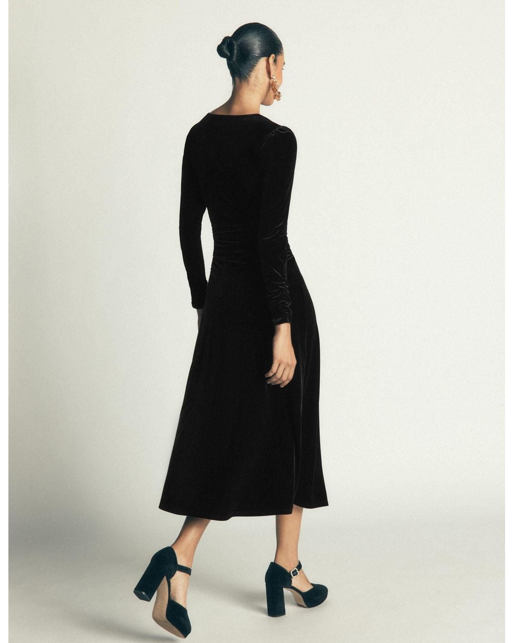 Boden Black Mya Ruched Velvet Midi Dress