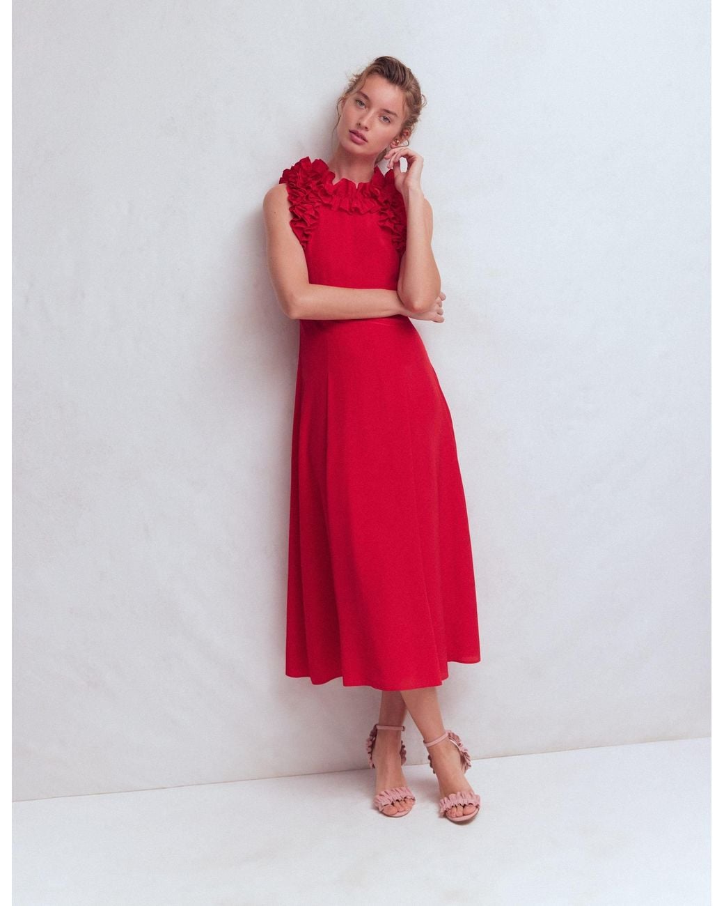 Boden Red Ruffle Silk Midi Dress