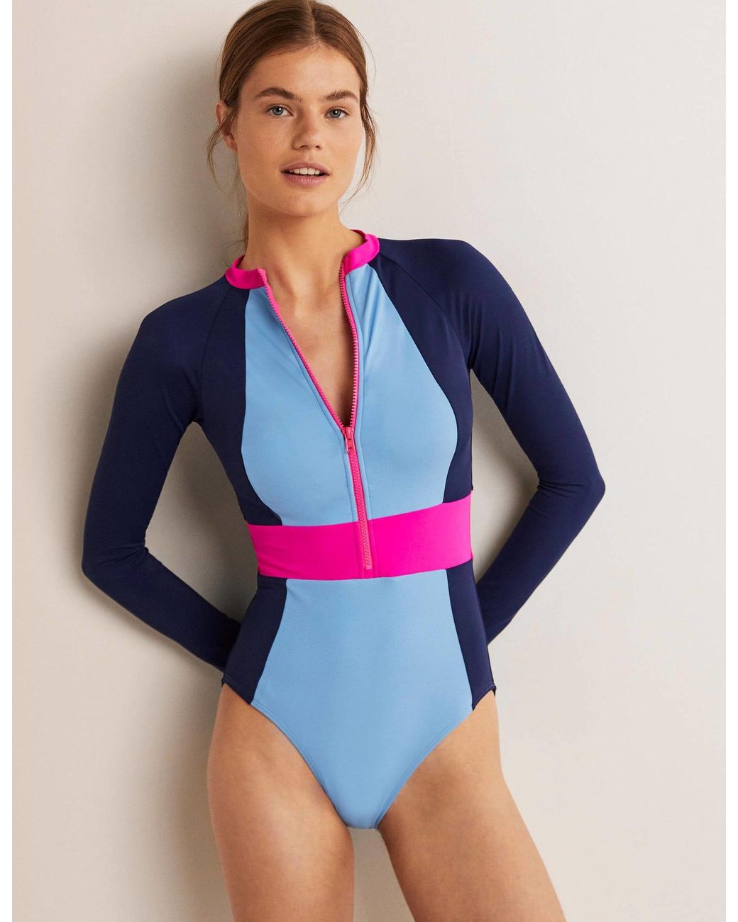 Boden Capri Zip Long Sleeve Swimsuit Blue