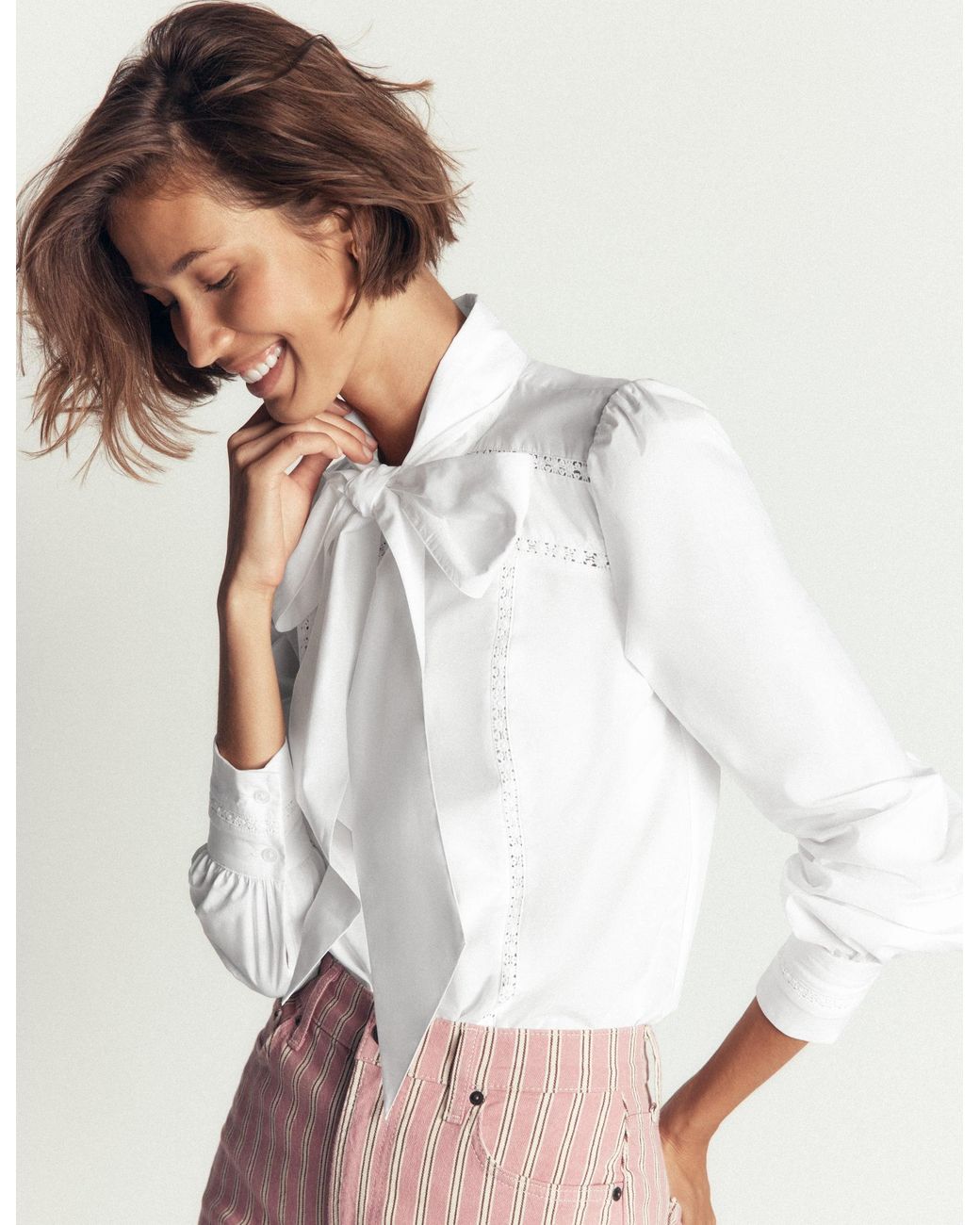 Boden White Clara Tie Neck Shirt