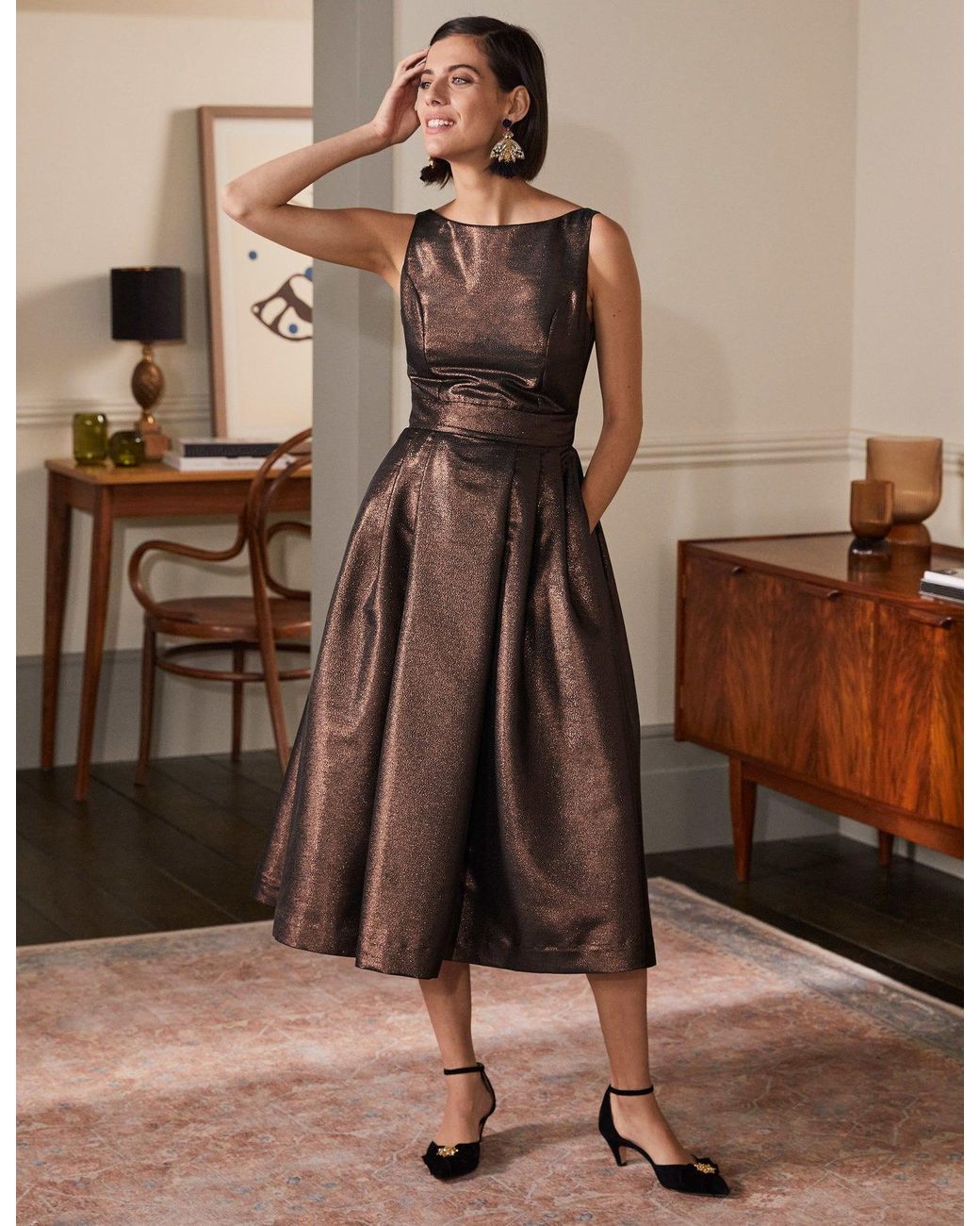 Scoop Back Fit And Flare Dress Bronze Lurex in Lyst