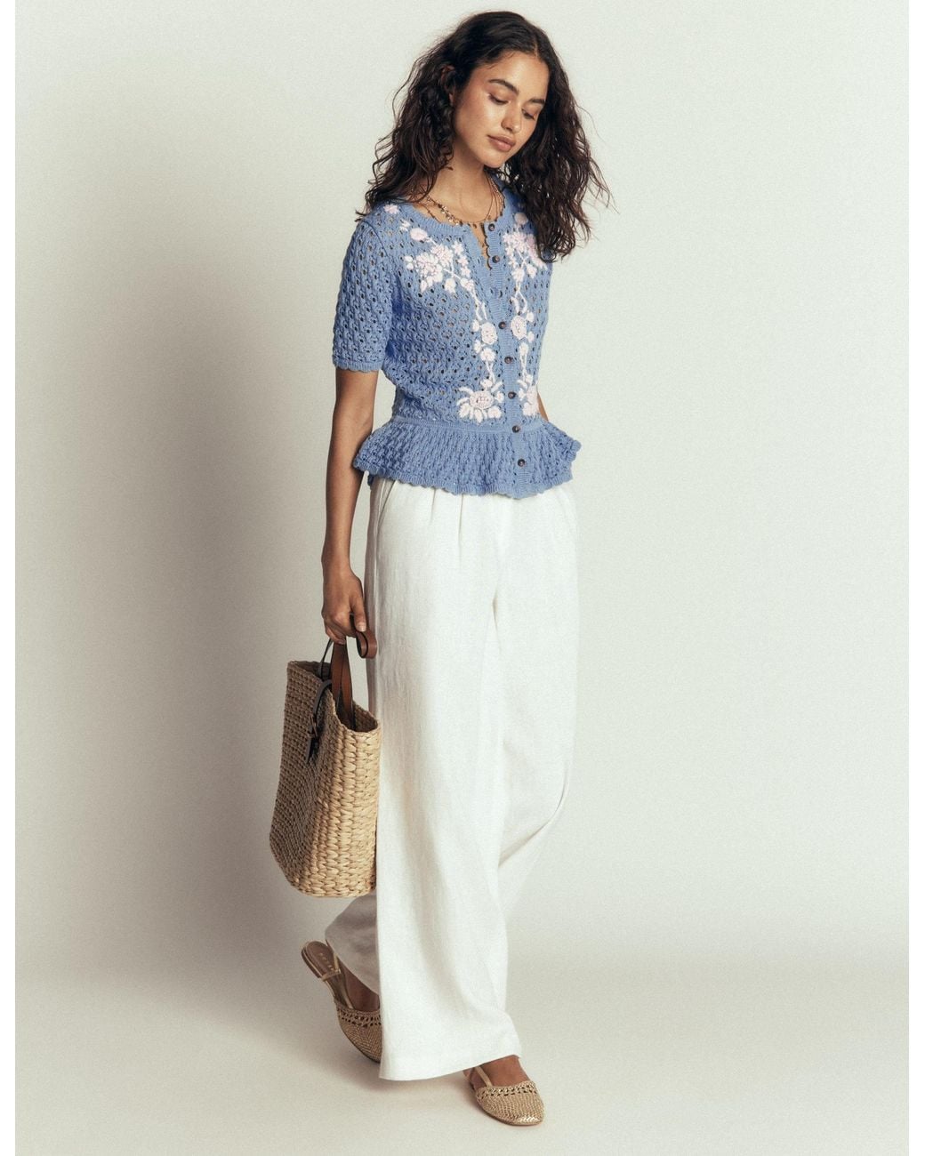 Boden Blue Embroidered Pointelle Cardigan