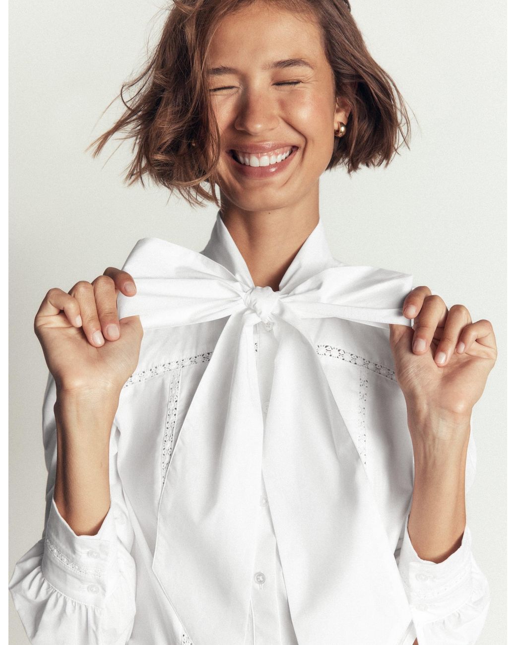 Boden White Clara Tie Neck Shirt