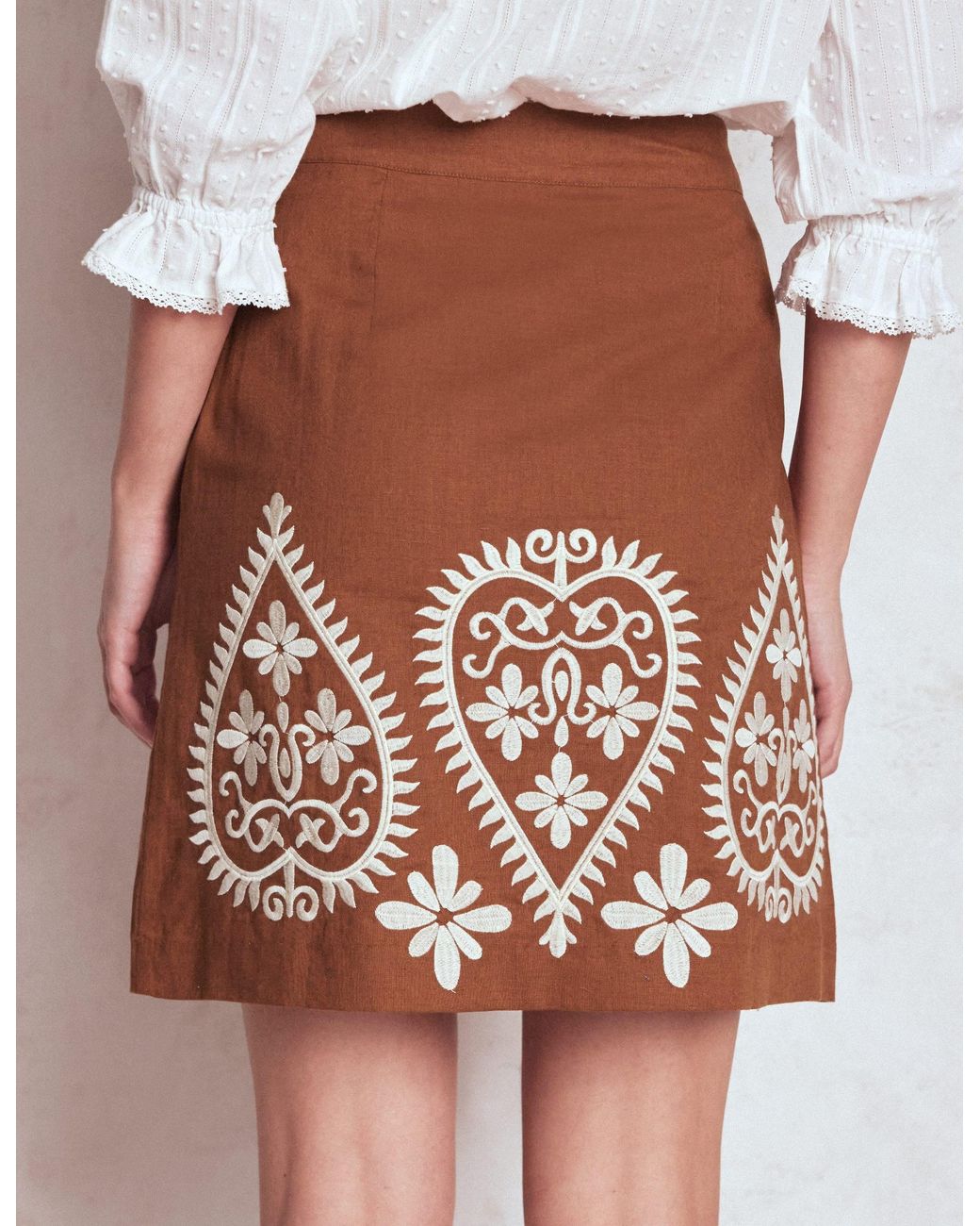 Boden Brown Embroidered Linen Skirt