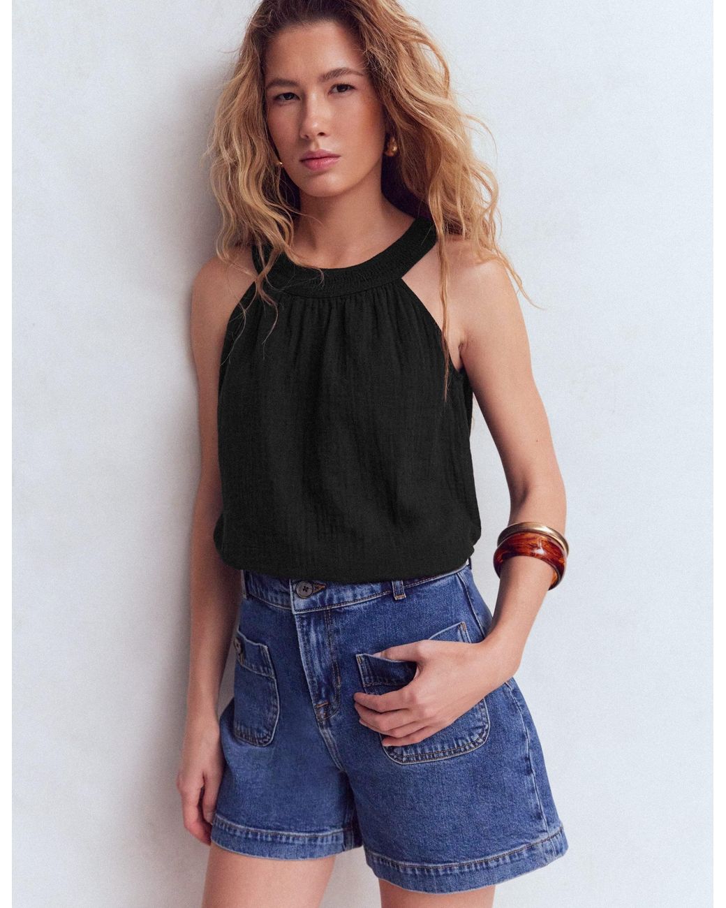 Boden Blue Ruffle Double Cloth Top