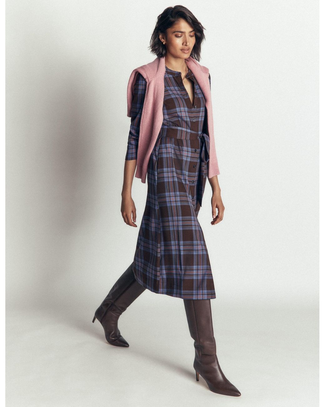 Boden White Louise Check Midi Shirt Dress
