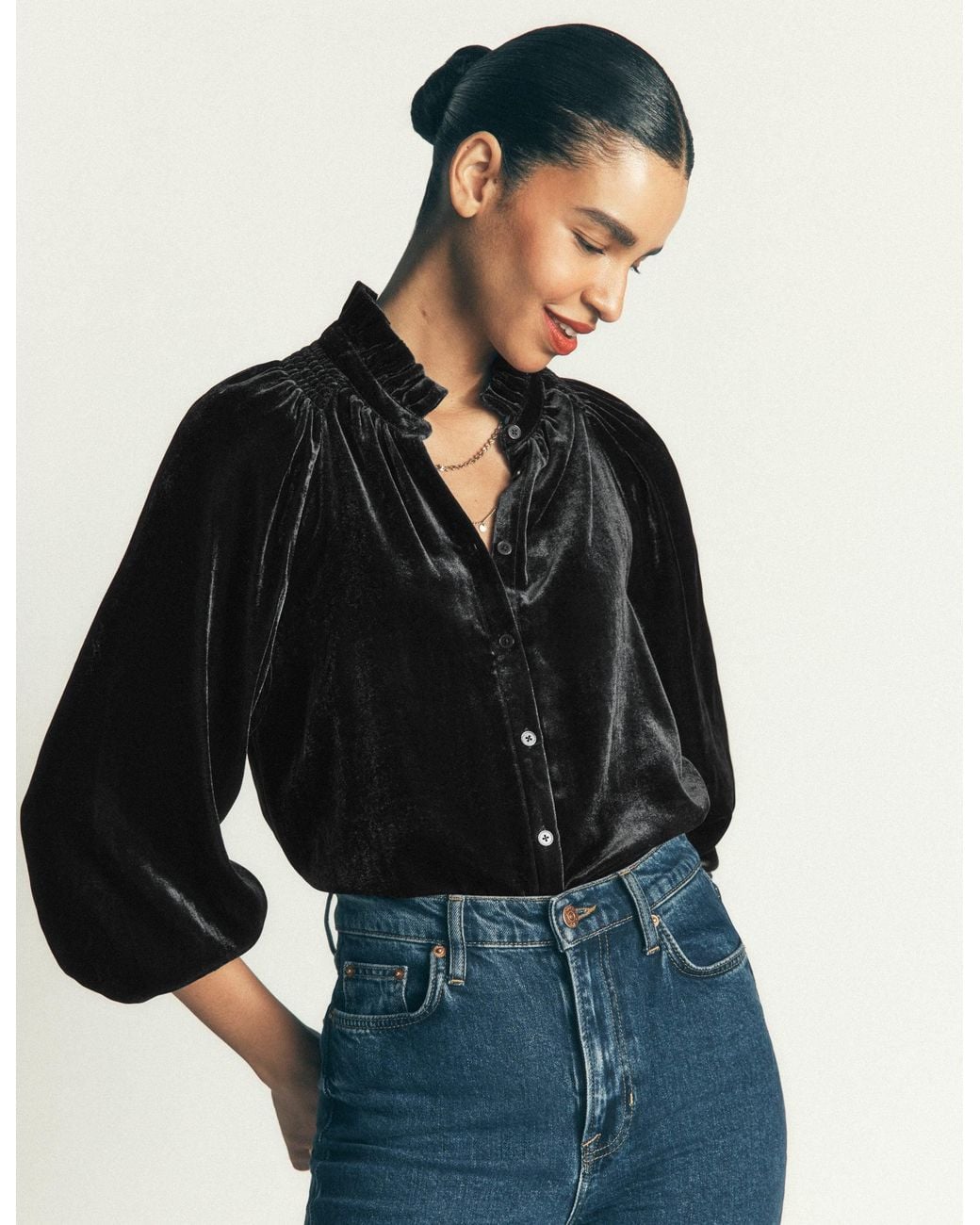 Boden Blue Erica Frill Velvet Top