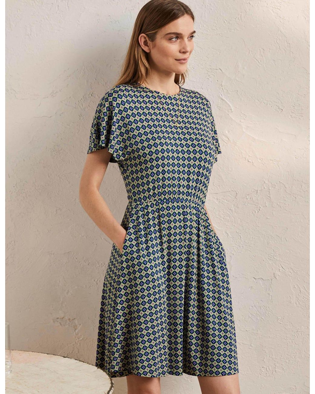 Boden Flutter Sleeve Jersey Dress English Ivy, Moroccan Diamond in