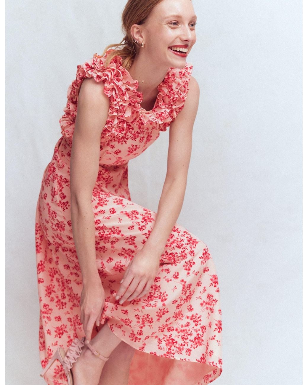 Boden Natural Ruffle Silk Midi Dress